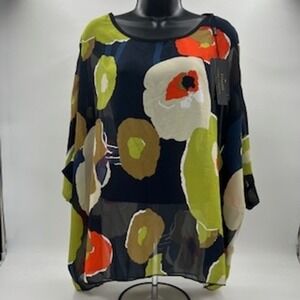 Finizo Womens Navy Blue Floral Sheer Chiffon Poncho Top Oversized Blouse NEW